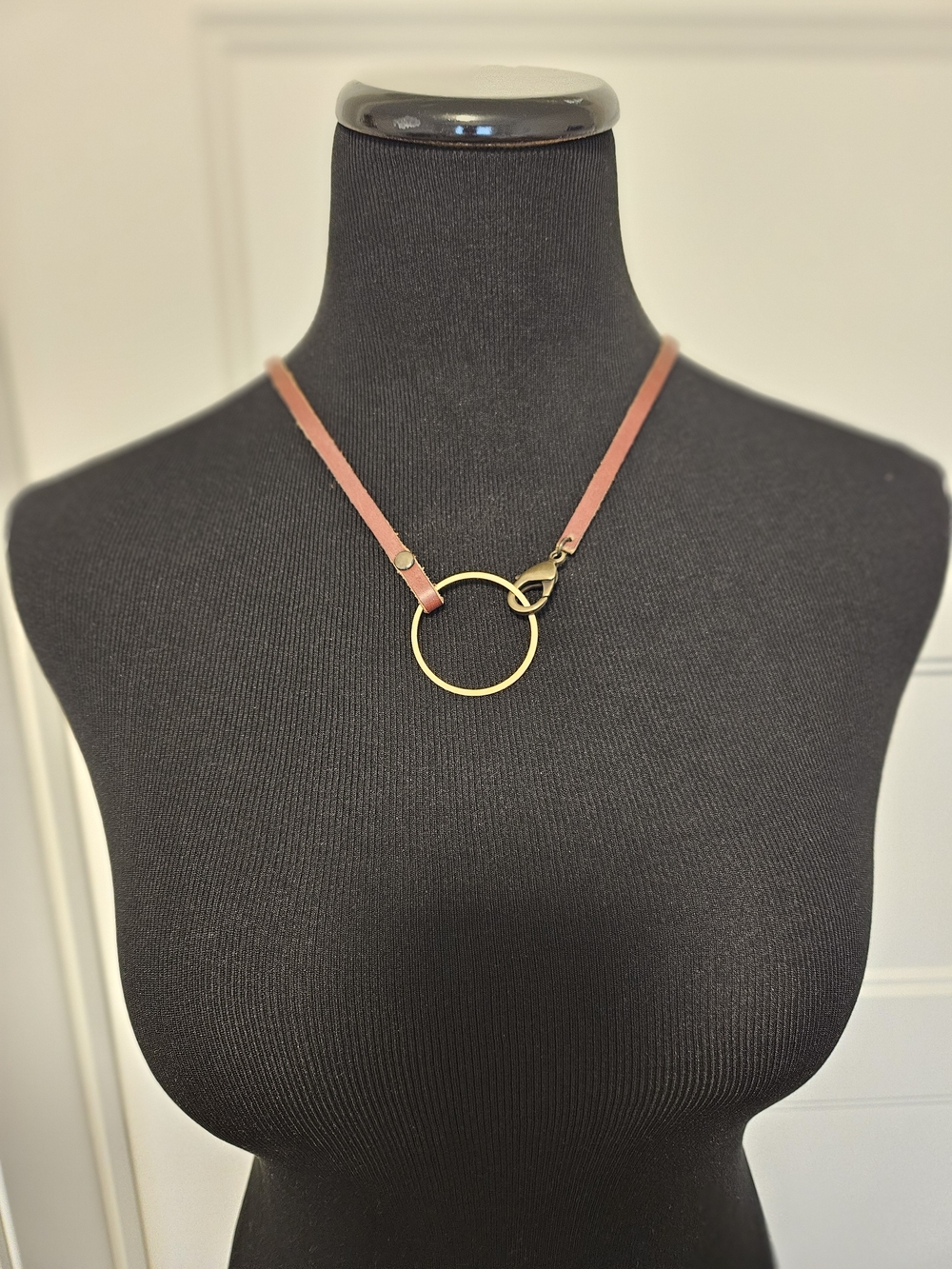 Minimalist Brown Leather Necklace with Gold Ring
